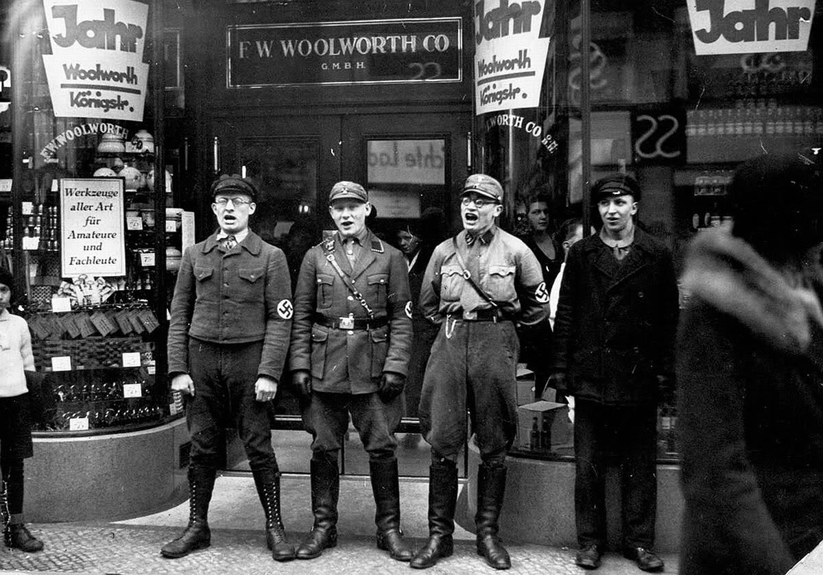 22 - Nazis singing to encourage a boycott of the allegedly Jewish-founded Woolworths 1933