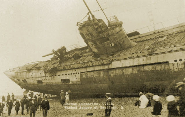 24 - U-118 a World War One submarine washed ashore on the beach at Hastings Sussex England